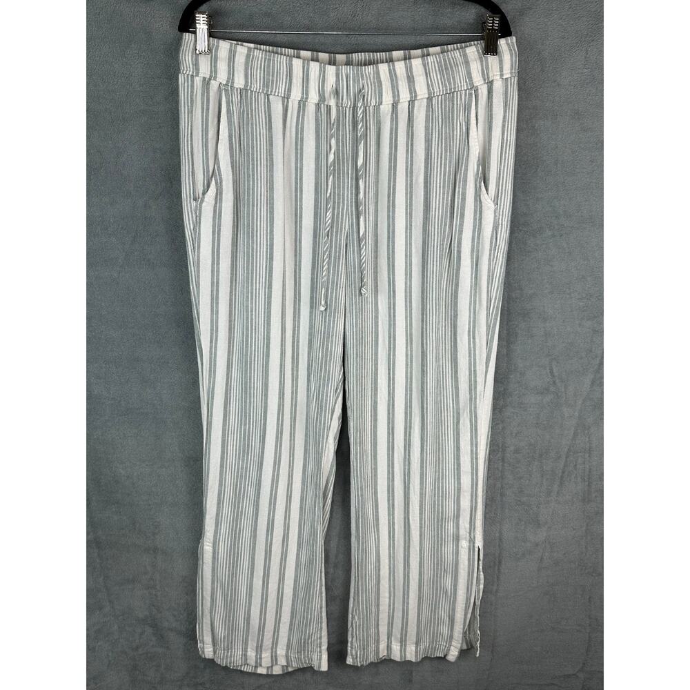Cloth And Stone Pants Womens Large Green Striped Wide Leg Split Hem Linen Beach